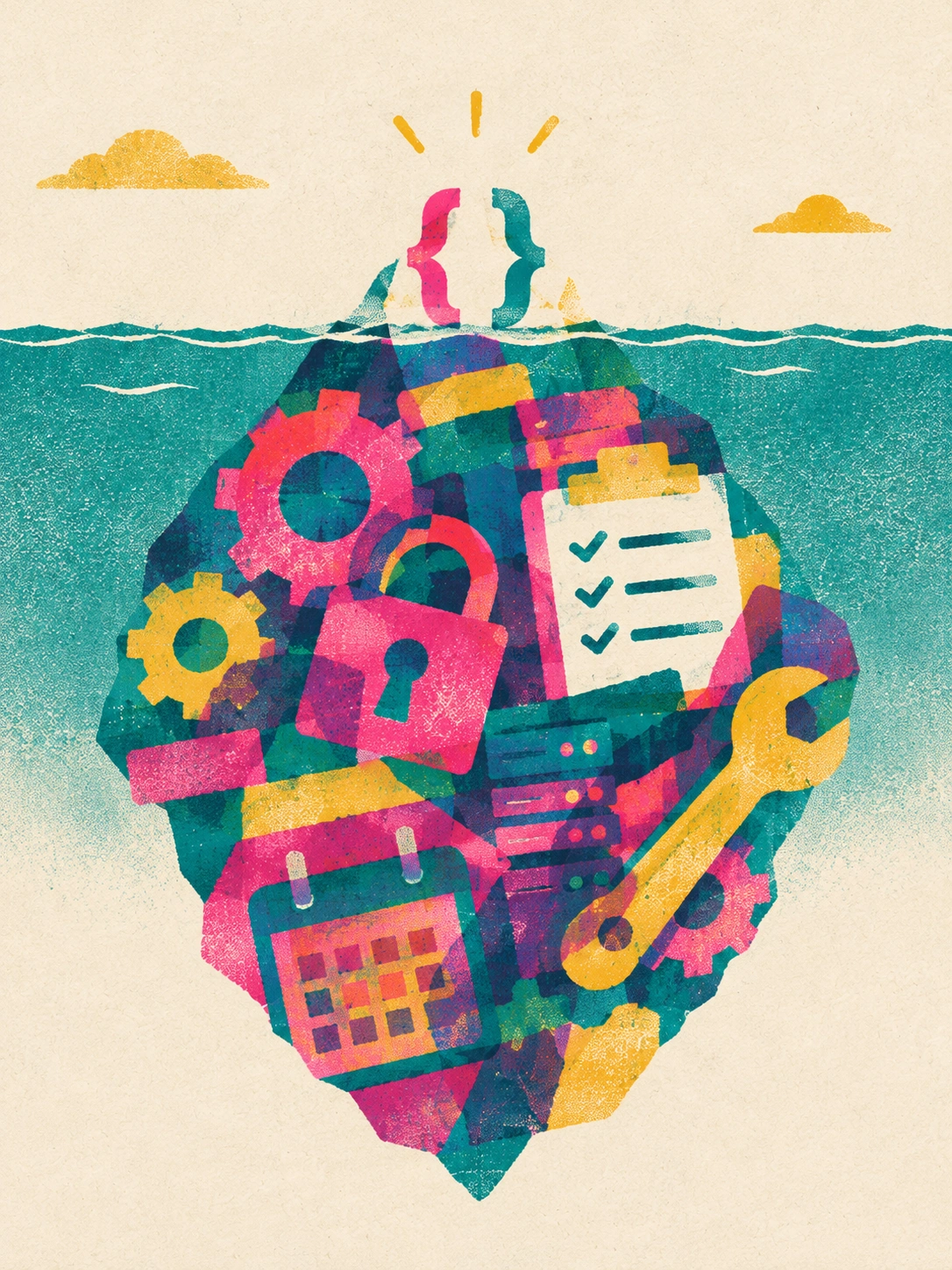 Code is the small visible part of the work; design, testing, security and maintenance sit below the surface